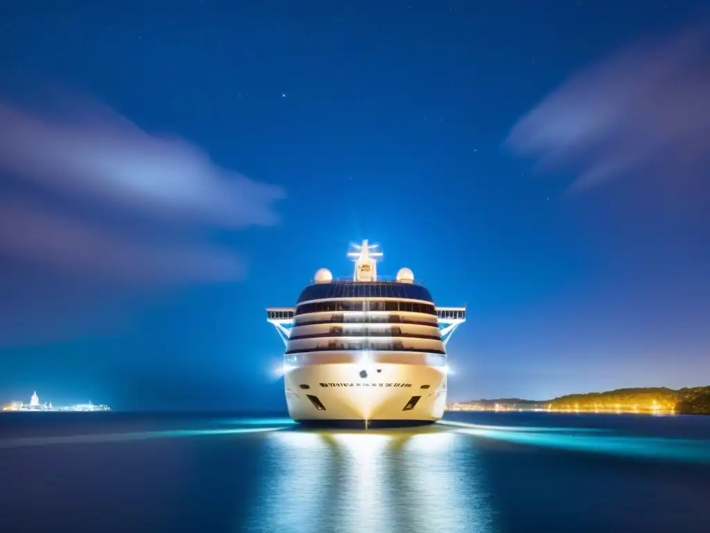 Un crucero de lujo navegando bajo un cielo estrellado, iluminado por la luna sobre aguas tranquilas