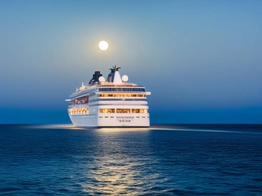 Un crucero de lujo navegando bajo un cielo estrellado con la luna iluminando el mar, ideal para parejas en busca de escapadas románticas