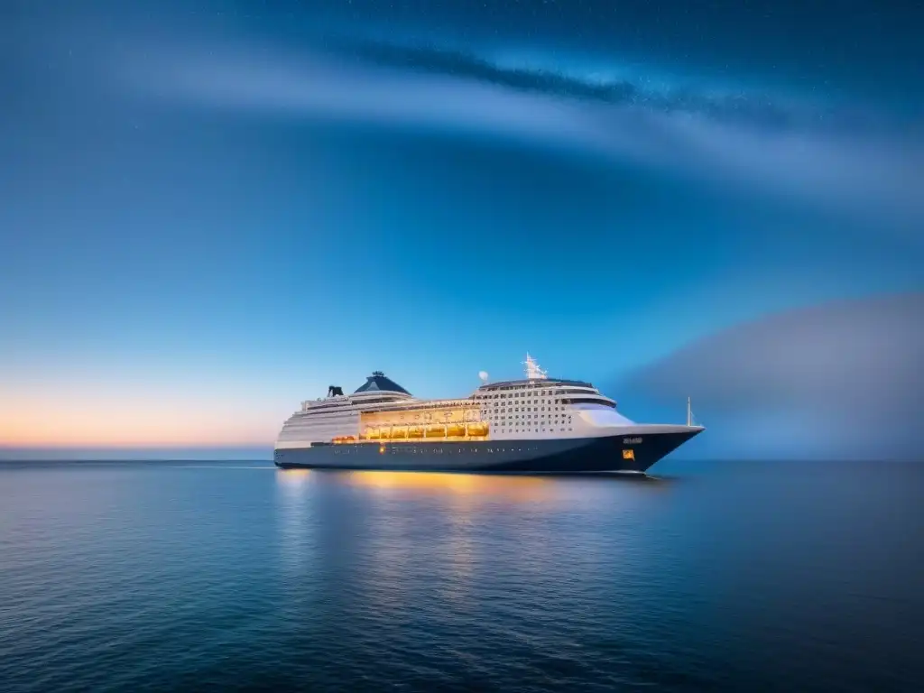 Un crucero de lujo navega bajo un cielo estrellado, resaltando la seguridad en cruceros de lujo