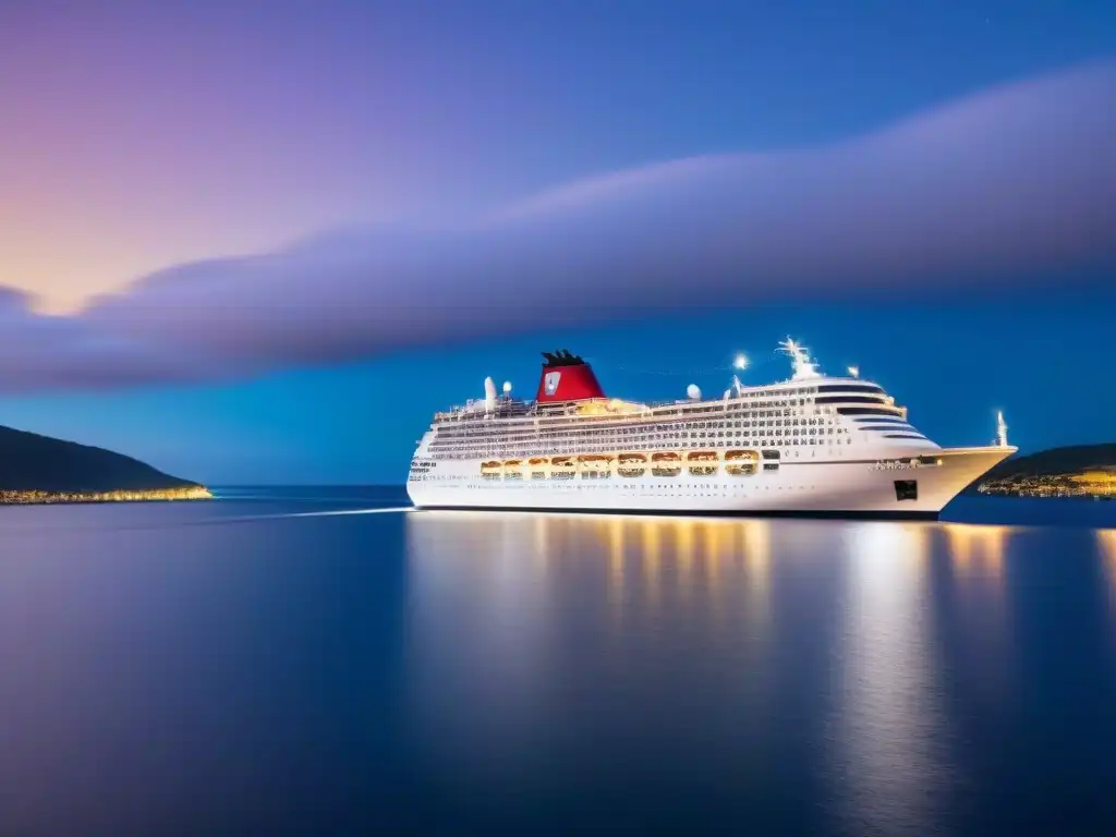 Un crucero de lujo navegando bajo un cielo estrellado, iluminado con elegancia