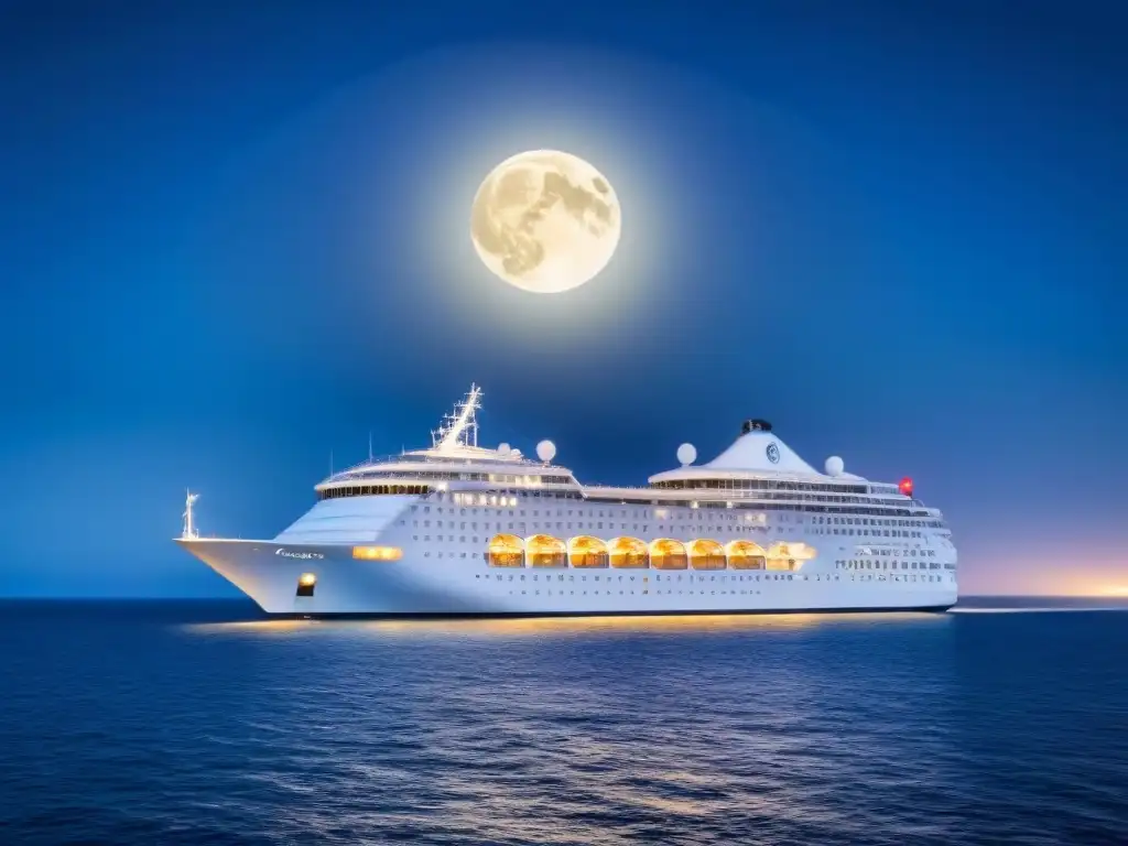 Un crucero de lujo bajo un cielo estrellado, la luna brilla sobre el mar calmado