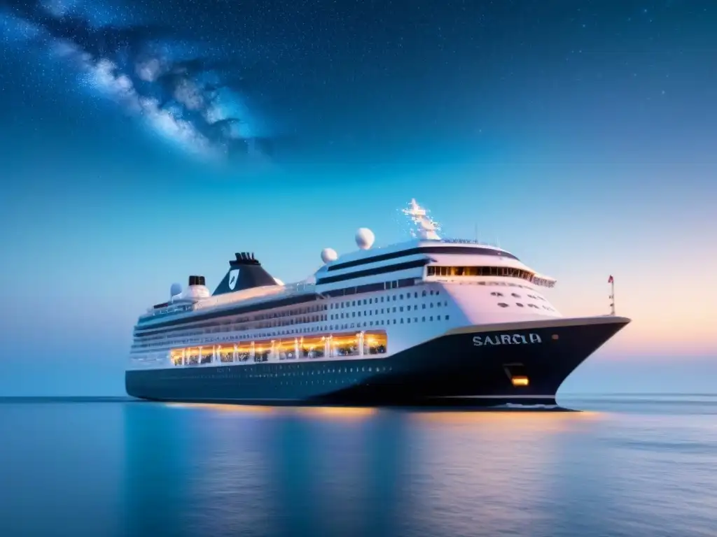 Un crucero de lujo navegando bajo un cielo estrellado, con criptomonedas flotando