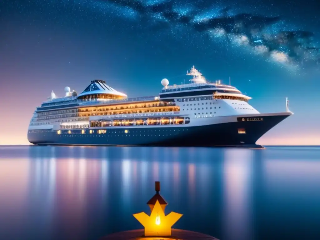 Un crucero de lujo navega bajo un cielo estrellado, con elementos de criptomonedas