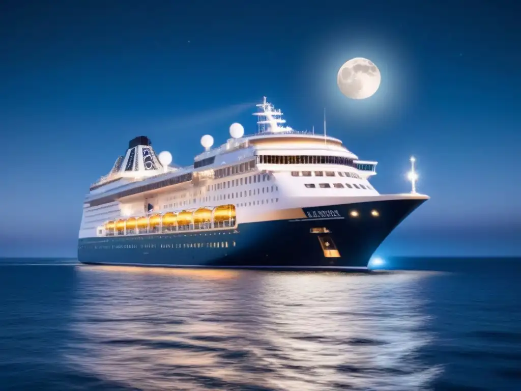 Un crucero de lujo navegando bajo un cielo estrellado, con la silueta iluminada por la luna y el mar reflejando su luz