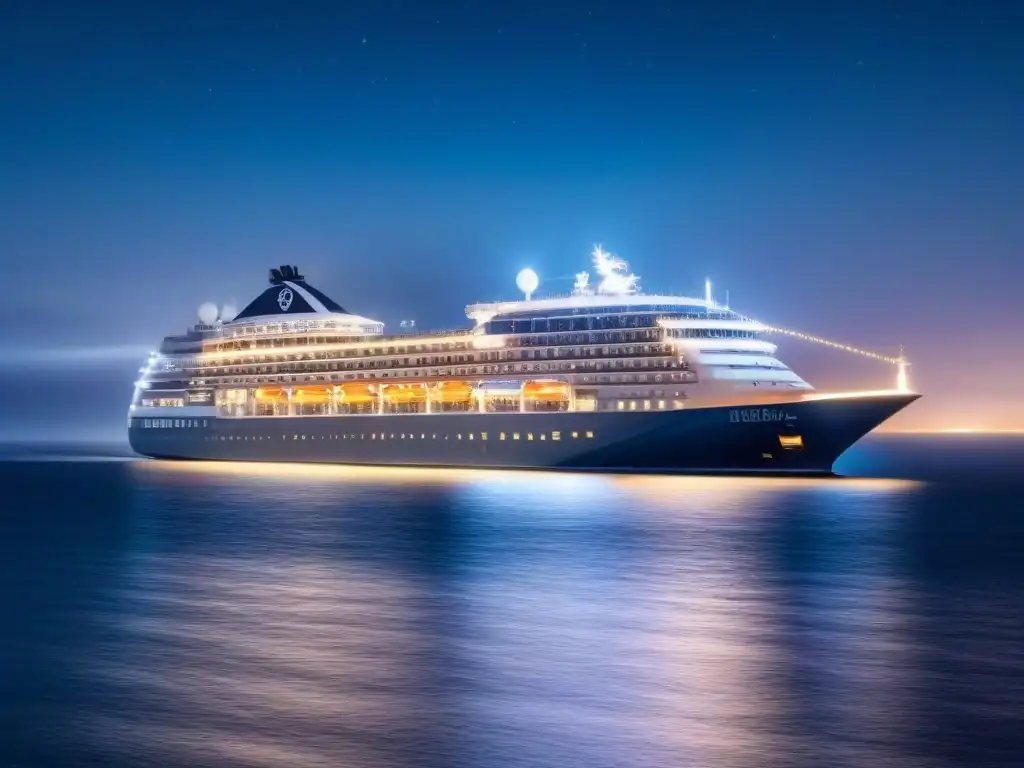 Un crucero de lujo navegando bajo el cielo estrellado, reflejando luces en el mar