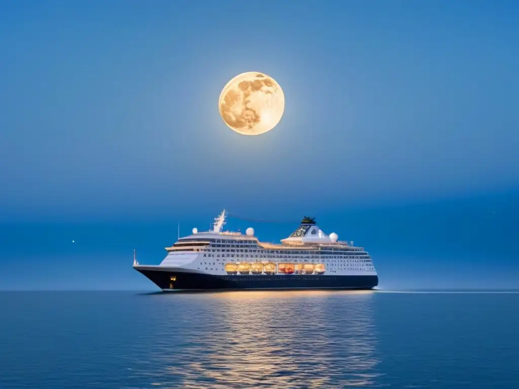 Un crucero de lujo bajo un cielo estrellado, con reflejos de luna en el mar tranquilo, NFTs en diseño