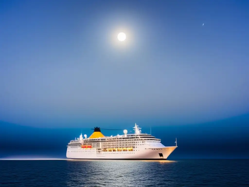 Un crucero de lujo navegando bajo un cielo estrellado, con la luna brillando intensamente