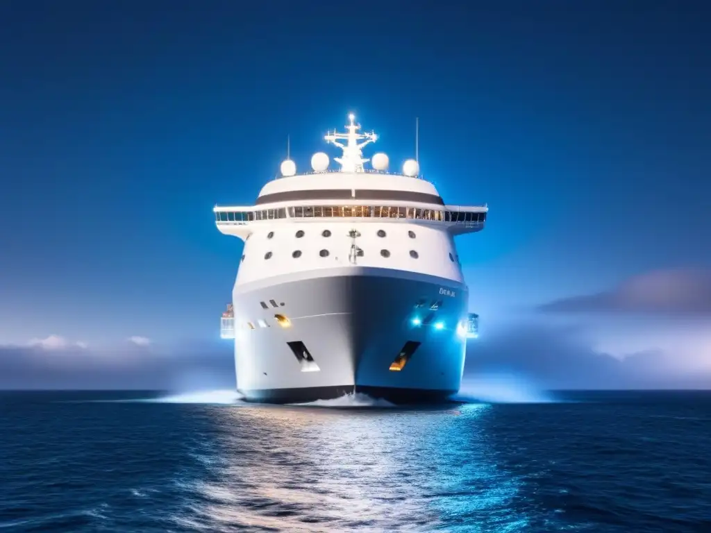 Un crucero de lujo avanza bajo un cielo estrellado con un escudo digital, simbolizando la seguridad cibernética en cruceros de lujo