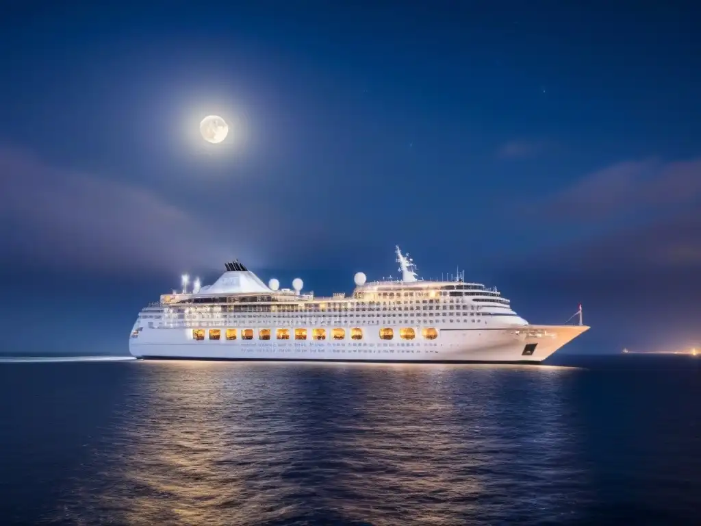 Un crucero de lujo navegando bajo un cielo estrellado en San Valentín, iluminado por la luna en aguas tranquilas