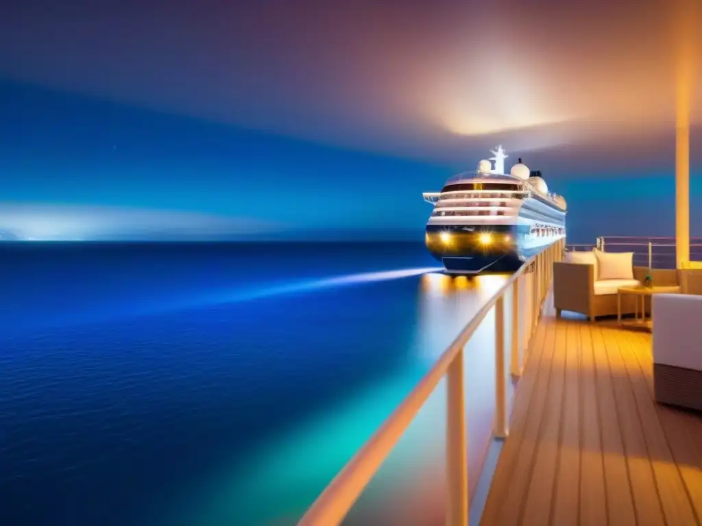 Un crucero de lujo navegando bajo un cielo estrellado, reflejando elegancia y tecnología en servicios digitales para cruceros de lujo