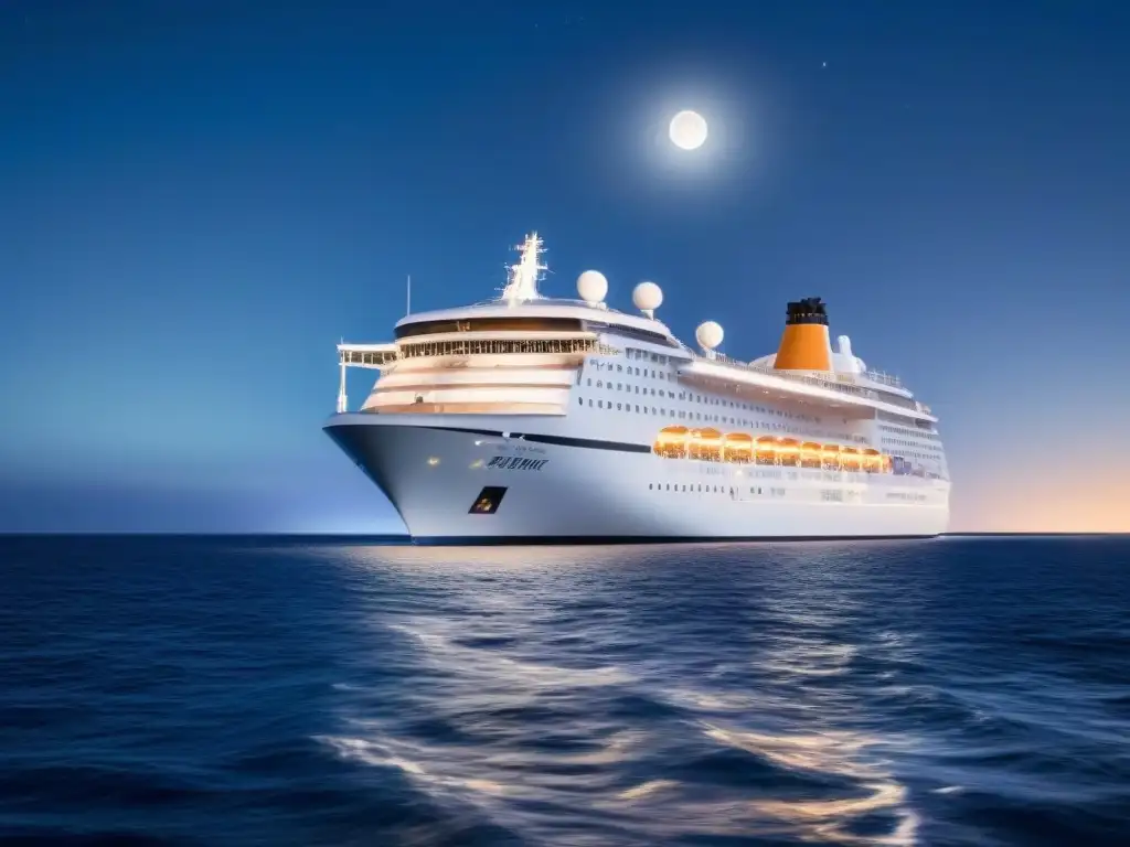 Un crucero de lujo navegando bajo un cielo estrellado con la luna brillante reflejada en el mar