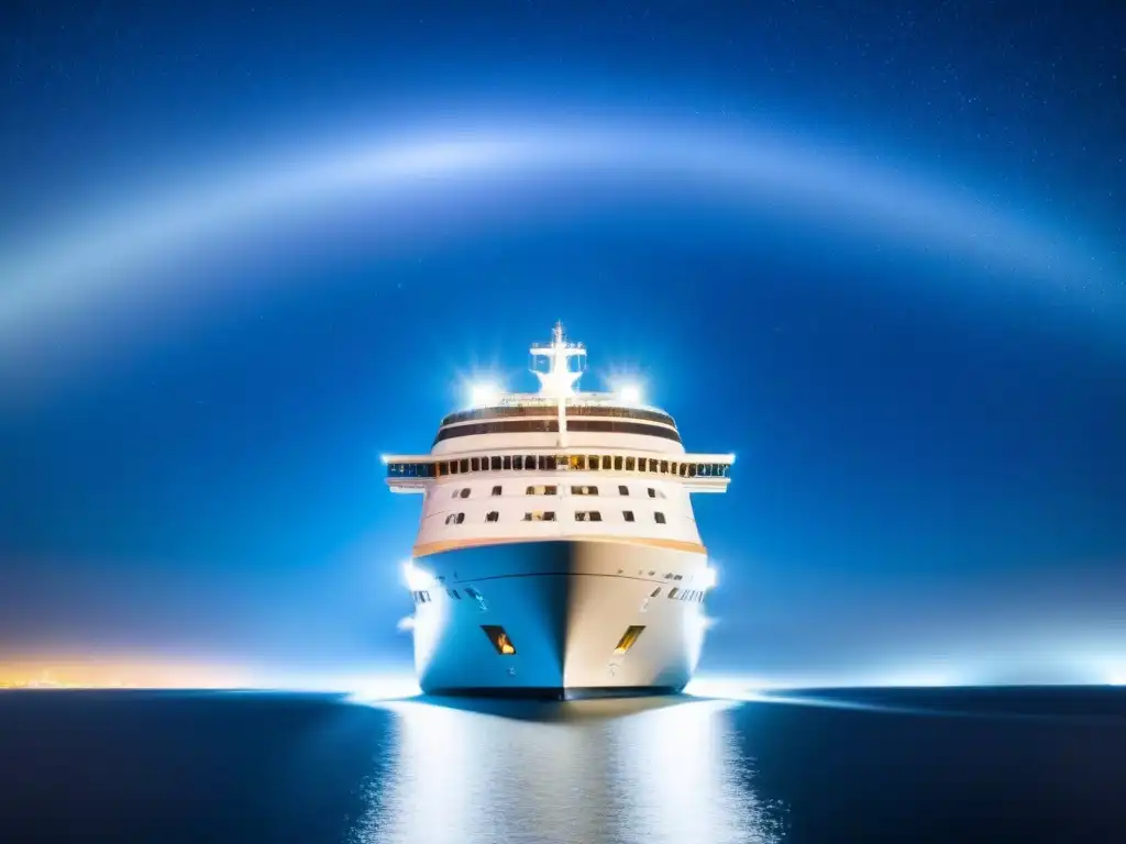 Un crucero de lujo de Crystal Cruises navegando bajo un cielo estrellado, reflejando elegancia y serenidad en el mar