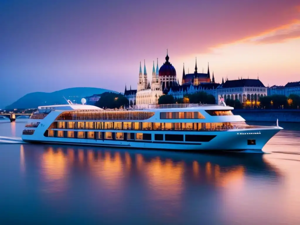 Un crucero de lujo por el Danubio al atardecer, reflejando elegancia en las aguas serenas