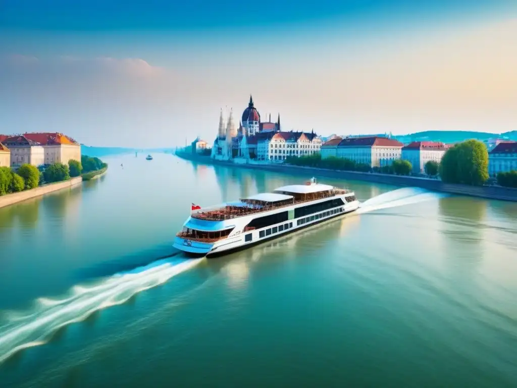 Un crucero de lujo por el Danubio: un elegante barco navegando por el río entre ciudades europeas pintorescas