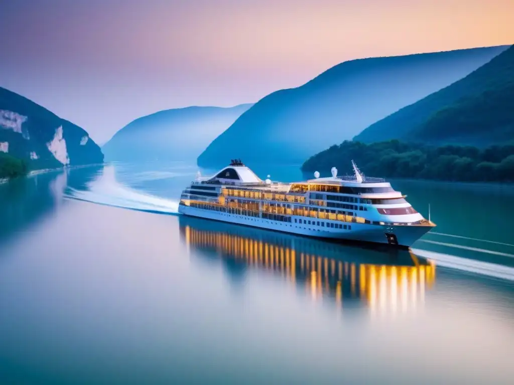 Un crucero de lujo por el Danubio, navegando entre paisajes europeos, iluminado por la cálida luz dorada del atardecer