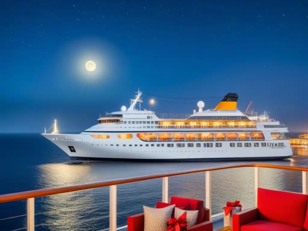 Un crucero de lujo decorado para las Fiestas de Navidad navega bajo un cielo estrellado con la luna llena sobre aguas tranquilas