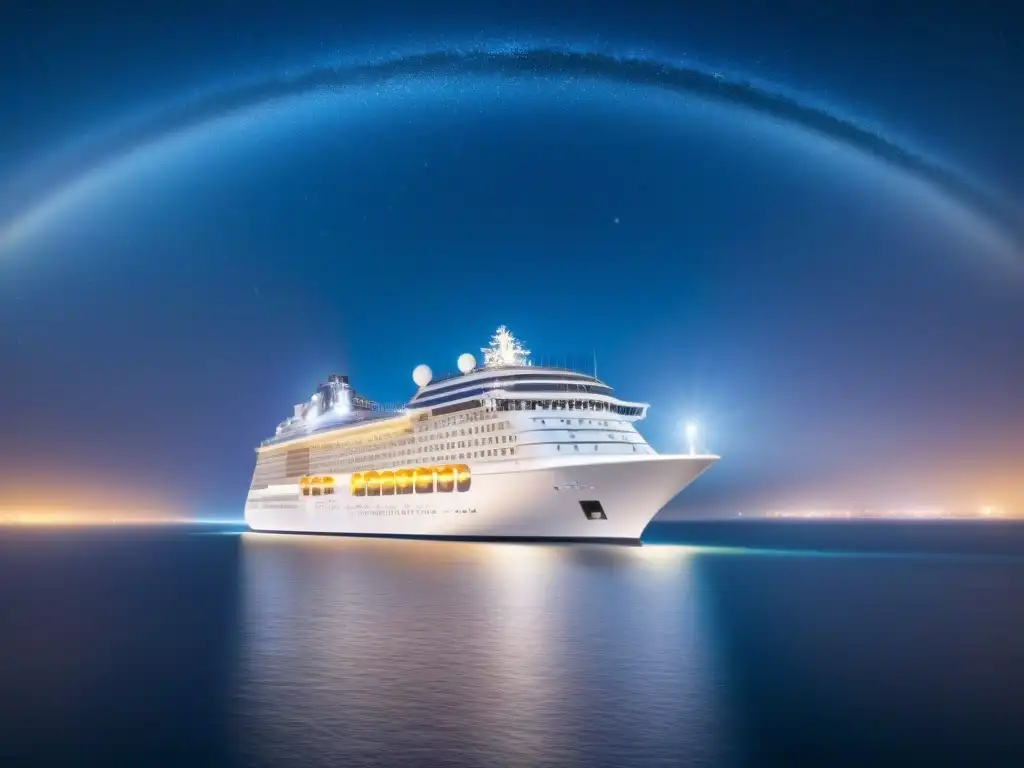 Un crucero de lujo con diseño artístico navegando bajo un cielo estrellado