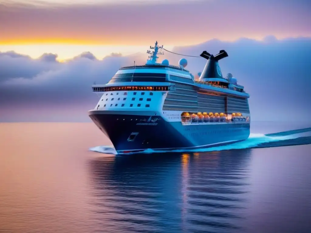 Un crucero de lujo con diseño audaz surca el mar en un atardecer vibrante