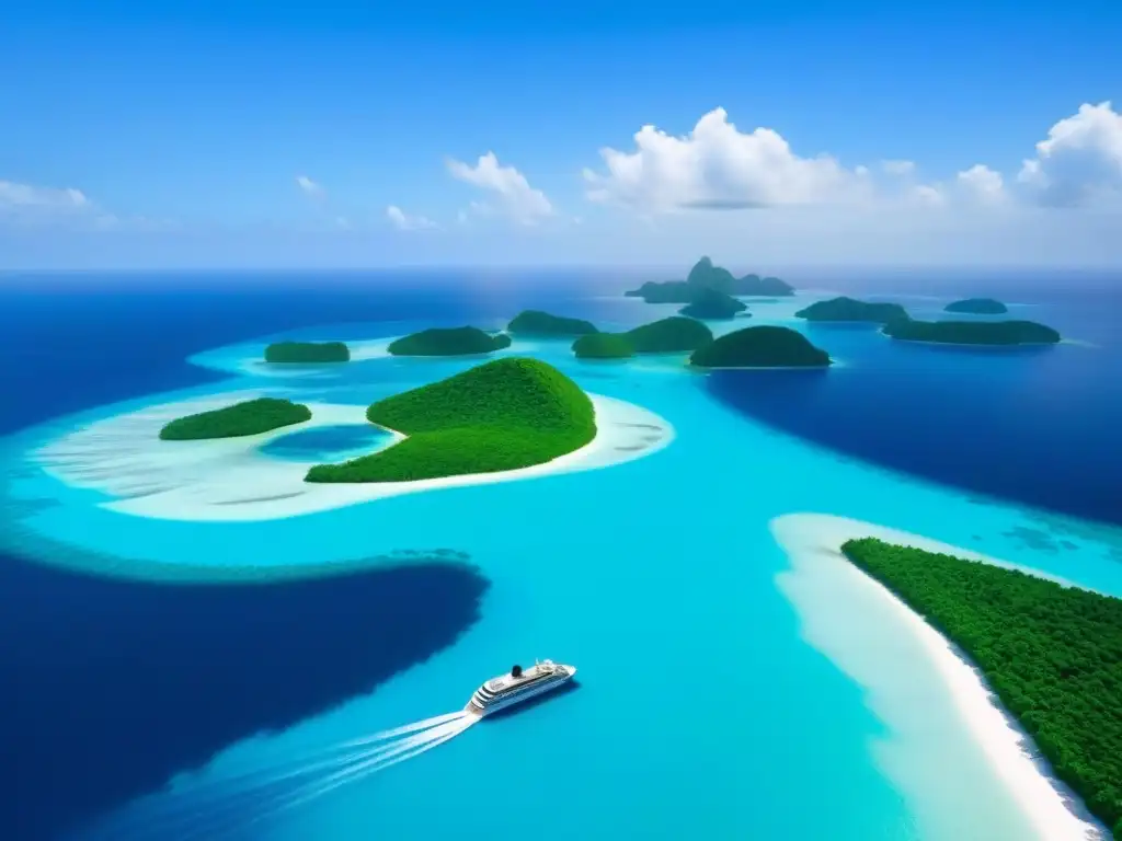 Un crucero de lujo ecoamigable navegando en aguas turquesas rodeado de islas verdes, transmitiendo armonía con la naturaleza