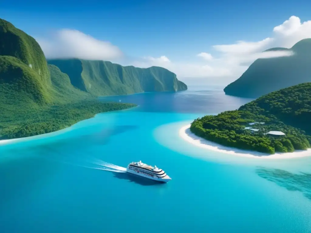 Un crucero de lujo practicando ecológicas en aguas turquesa rodeado de islas verdes con palmeras