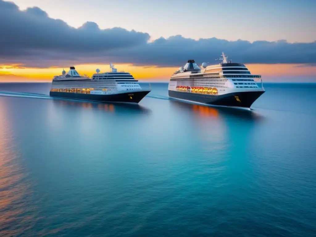 Un crucero de lujo navegando con elegancia en aguas turquesas al atardecer