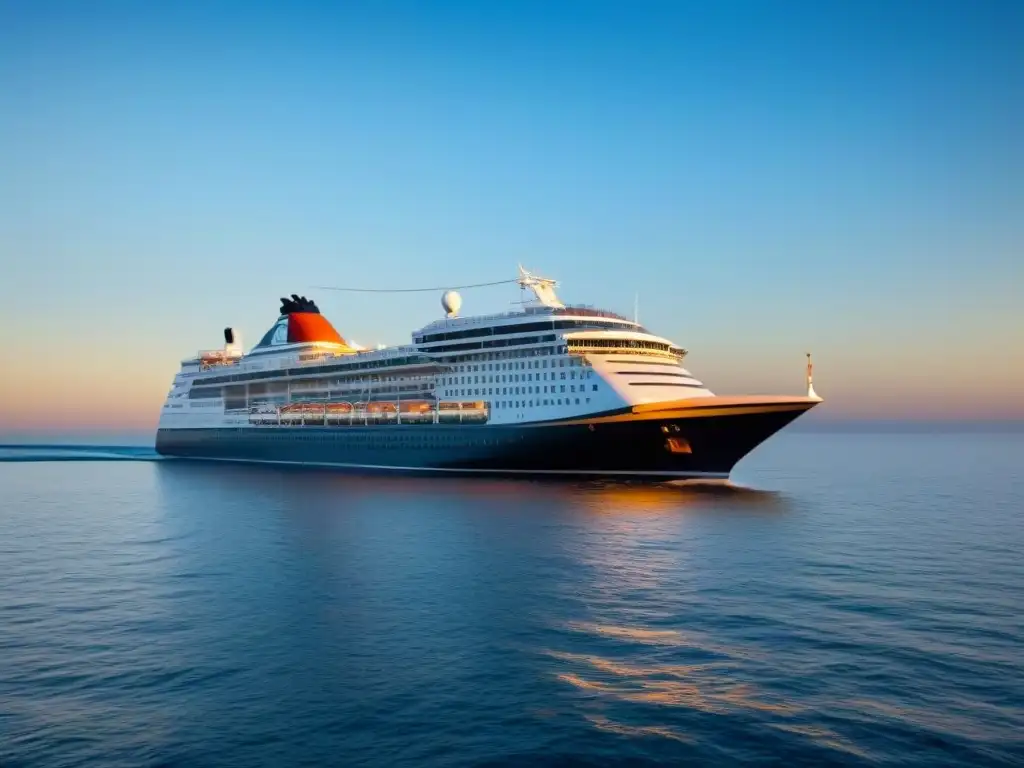 Crucero de lujo al atardecer en aguas serenas Un crucero de lujo navegando con elegancia en aguas tranquilas al atardecer