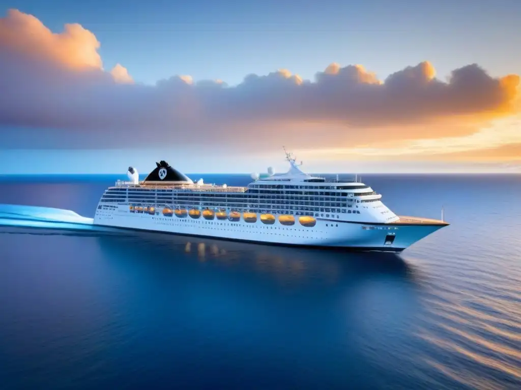 Un crucero de lujo navegando con elegancia en aguas tranquilas al atardecer, evocando exclusividad y Experiencias de marca en cruceros