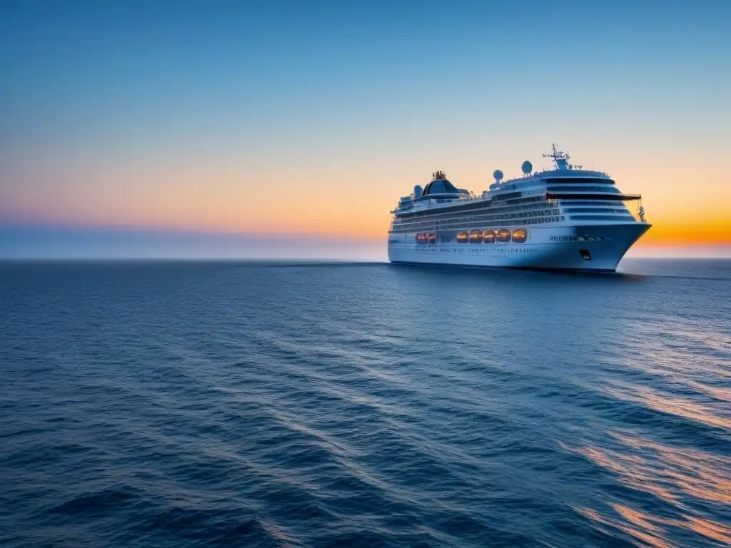 Un crucero de lujo navegando con elegancia en aguas tranquilas al atardecer, transmitiendo sofisticación y relax