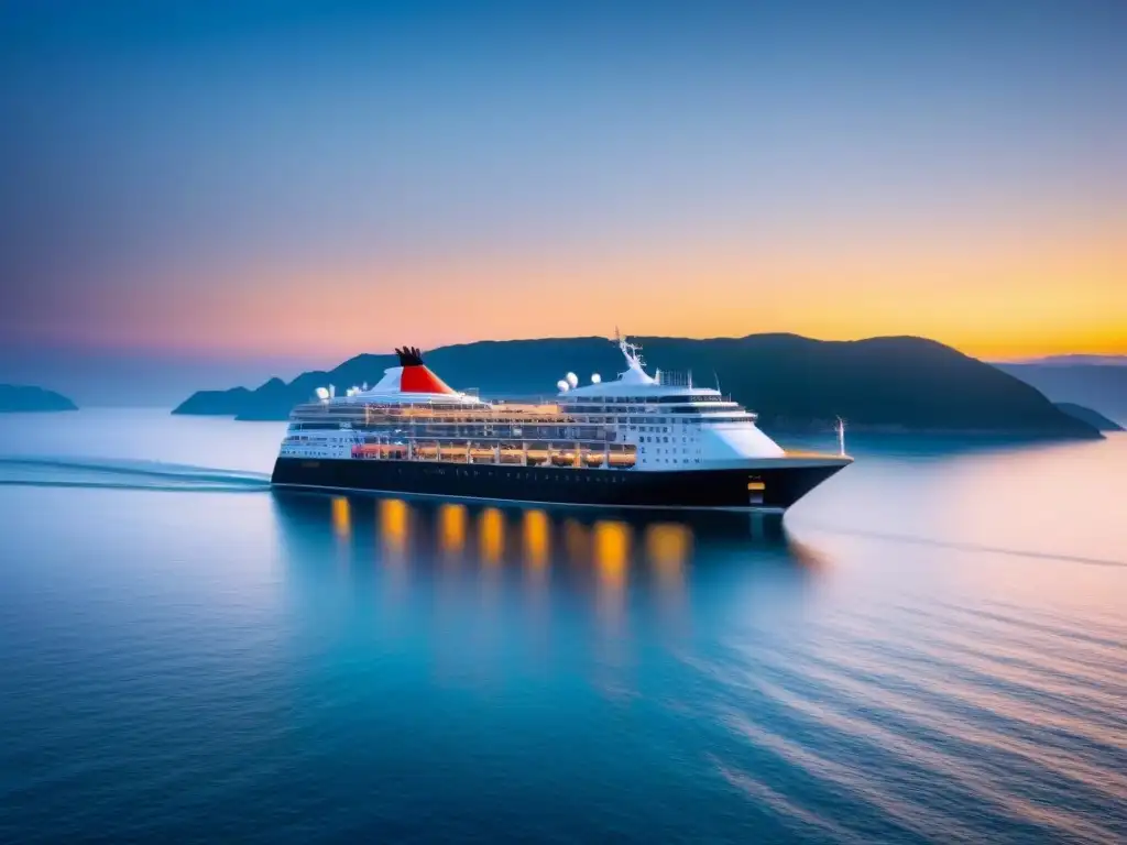 Un crucero de lujo navega con elegancia en aguas turquesas al atardecer, destacando financiación de nuevos cruceros fondos