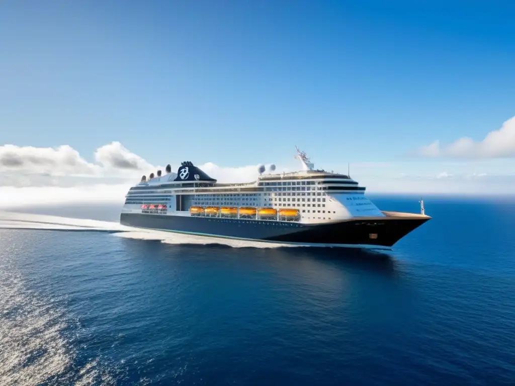 Un crucero de lujo navegando con elegancia en un mar tranquilo bajo un cielo azul