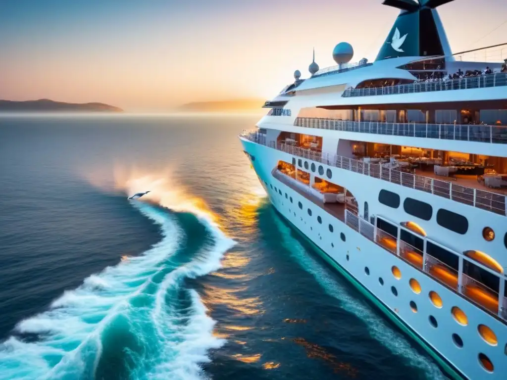 Crucero de lujo al atardecer: elegancia y aventura en alta mar Un crucero de lujo navega elegante en aguas turquesas al atardecer, con seagulls