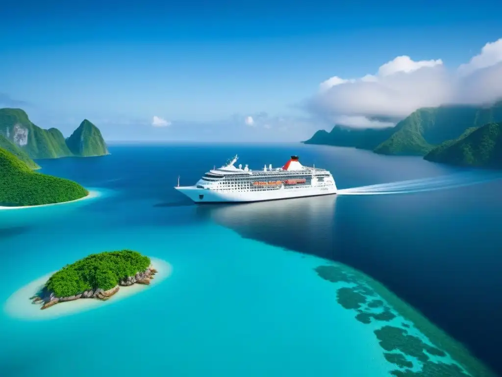 Un crucero de lujo navega elegante en aguas turquesas, rodeado de islas tropicales