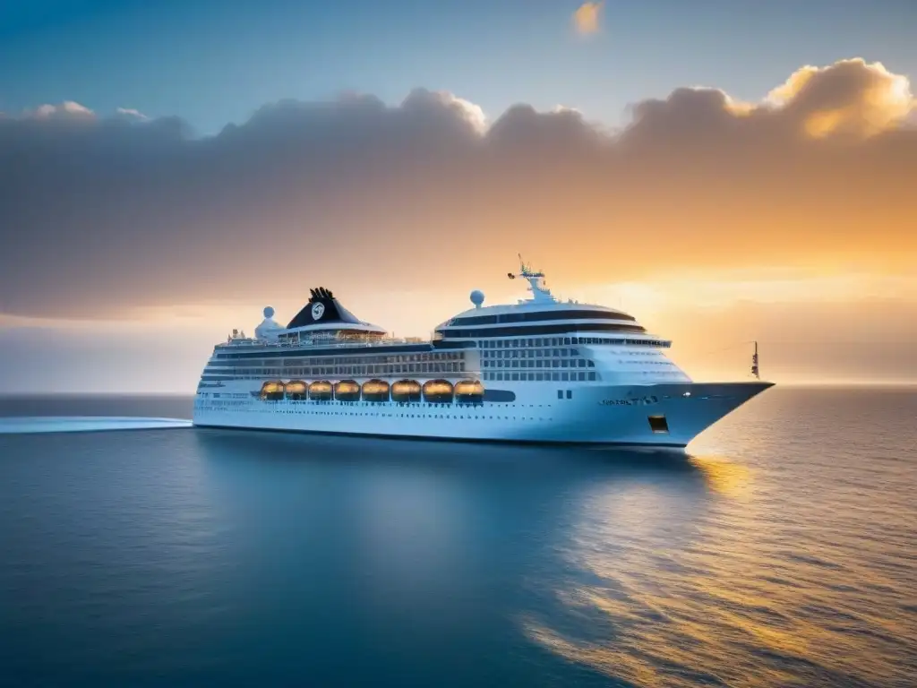 Un crucero de lujo navega elegante en aguas cristalinas al atardecer dorado, reflejando exclusividad y opulencia