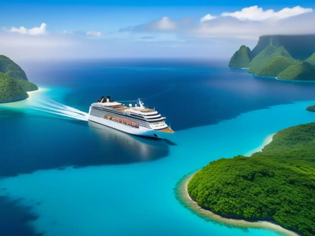 Un crucero de lujo más emblemático surca aguas turquesas entre islas tropicales, con un cielo azul claro