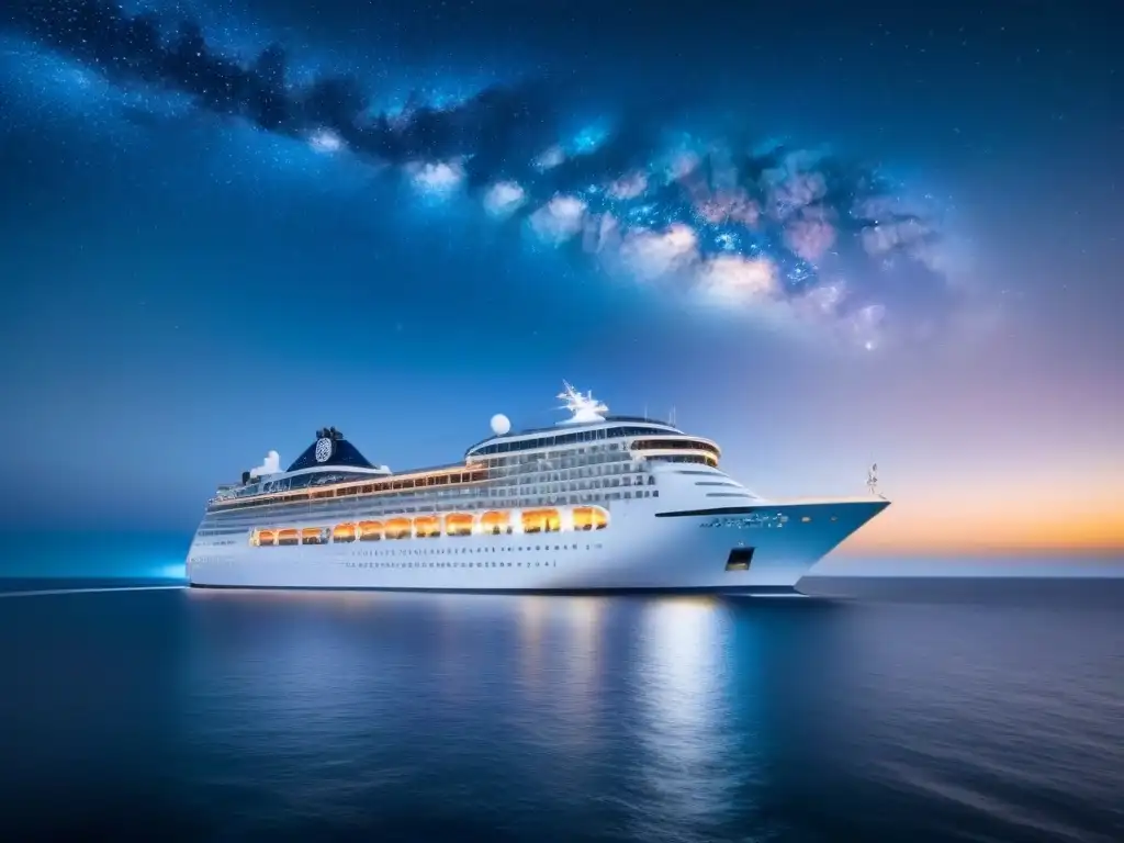 Un crucero de lujo navegando bajo las estrellas en una noche serena, reflejando la galaxia