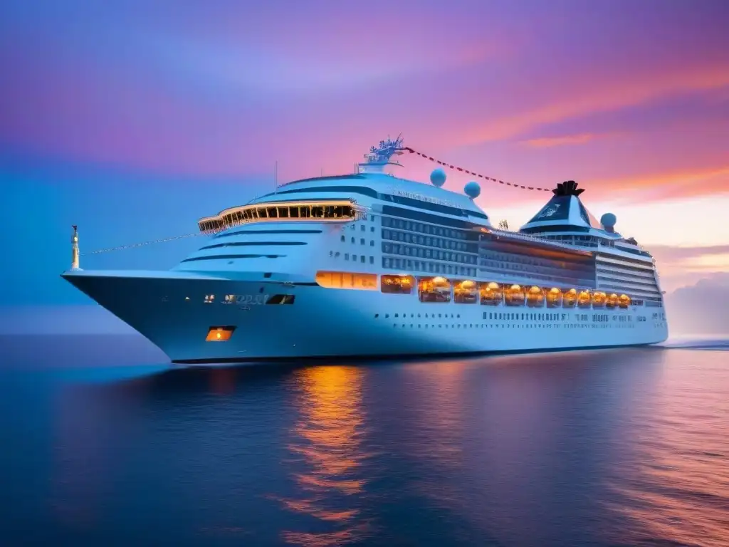 Crucero de lujo exclusivo al atardecer en mar sereno con cielo naranja y rosa reflejado, elegante silueta en horizonte colorido