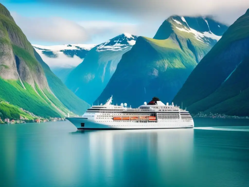 Un crucero de lujo por fiordos noruegos, rodeado de montañas nevadas y bosques verdes bajo un cielo azul