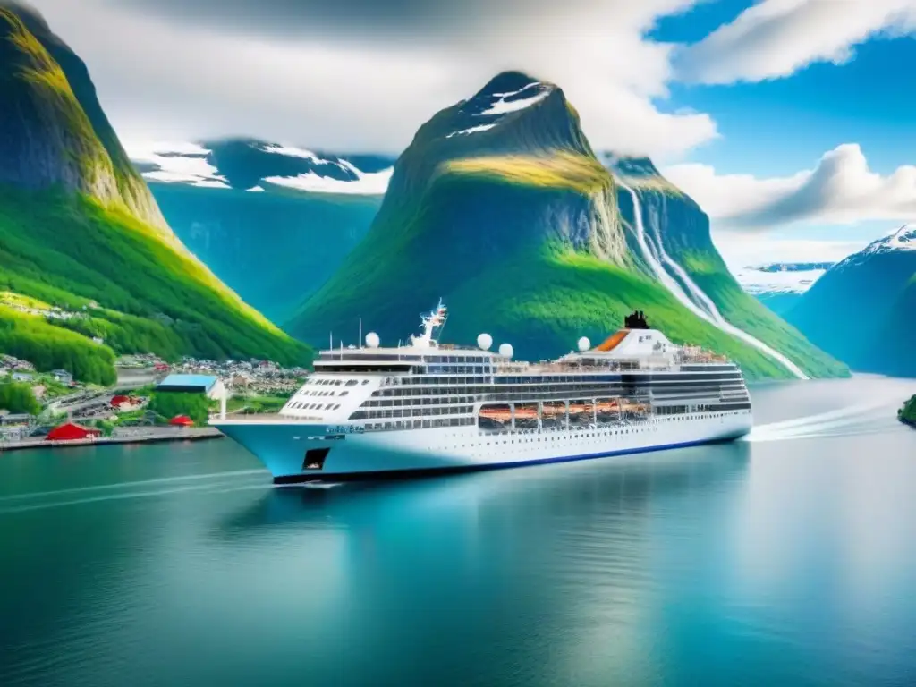 Un crucero de lujo por fiordos noruegos, rodeado de montañas nevadas y cascadas, reflejando tranquilidad y elegancia