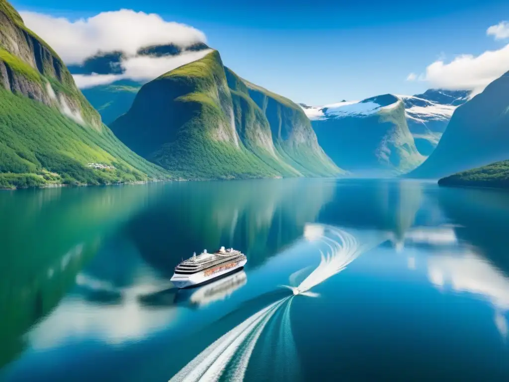 Un crucero de lujo por fiordos: un paisaje majestuoso con un barco moderno surcando aguas serenas entre montañas nevadas y bosques verdes