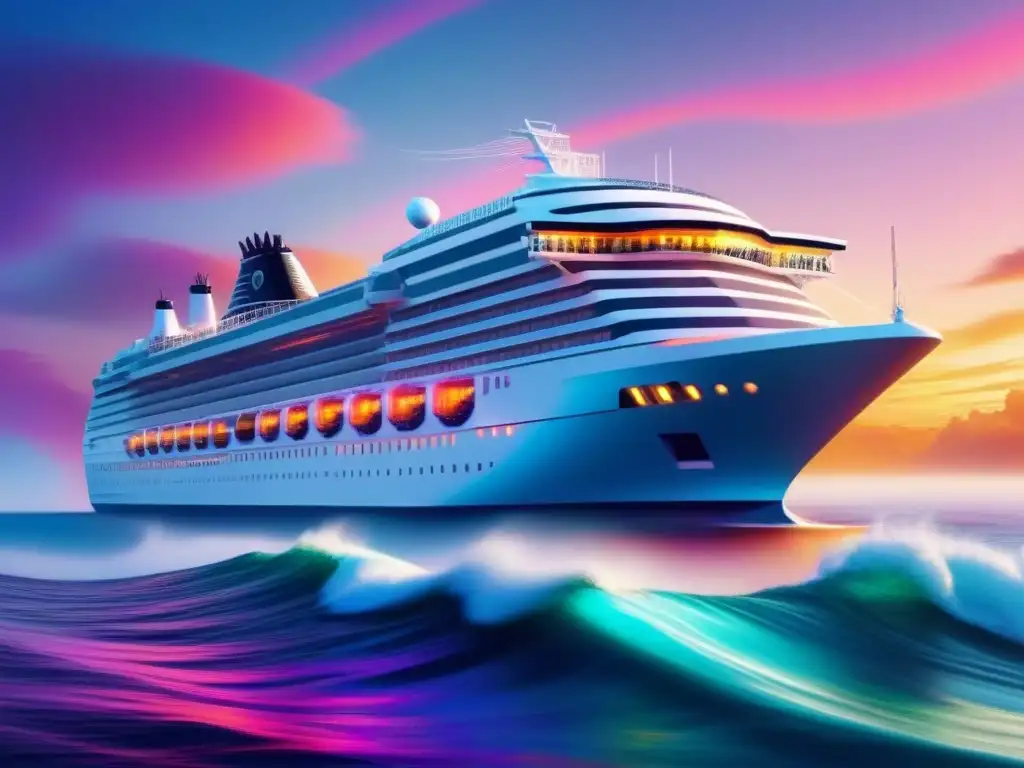 Un crucero de lujo del futuro navegando entre colores vibrantes y elementos NFT