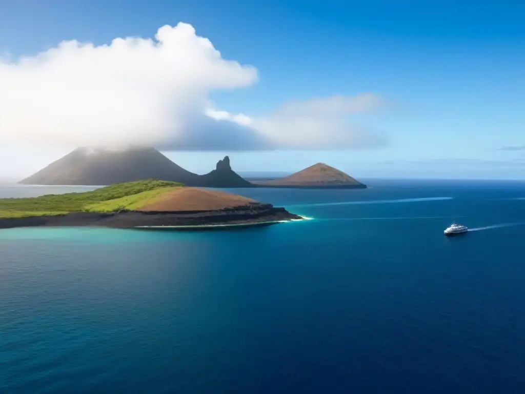 Un crucero de lujo en Galápagos navegando entre aguas cristalinas, con paisajes icónicos de fondo bajo un cielo azul claro