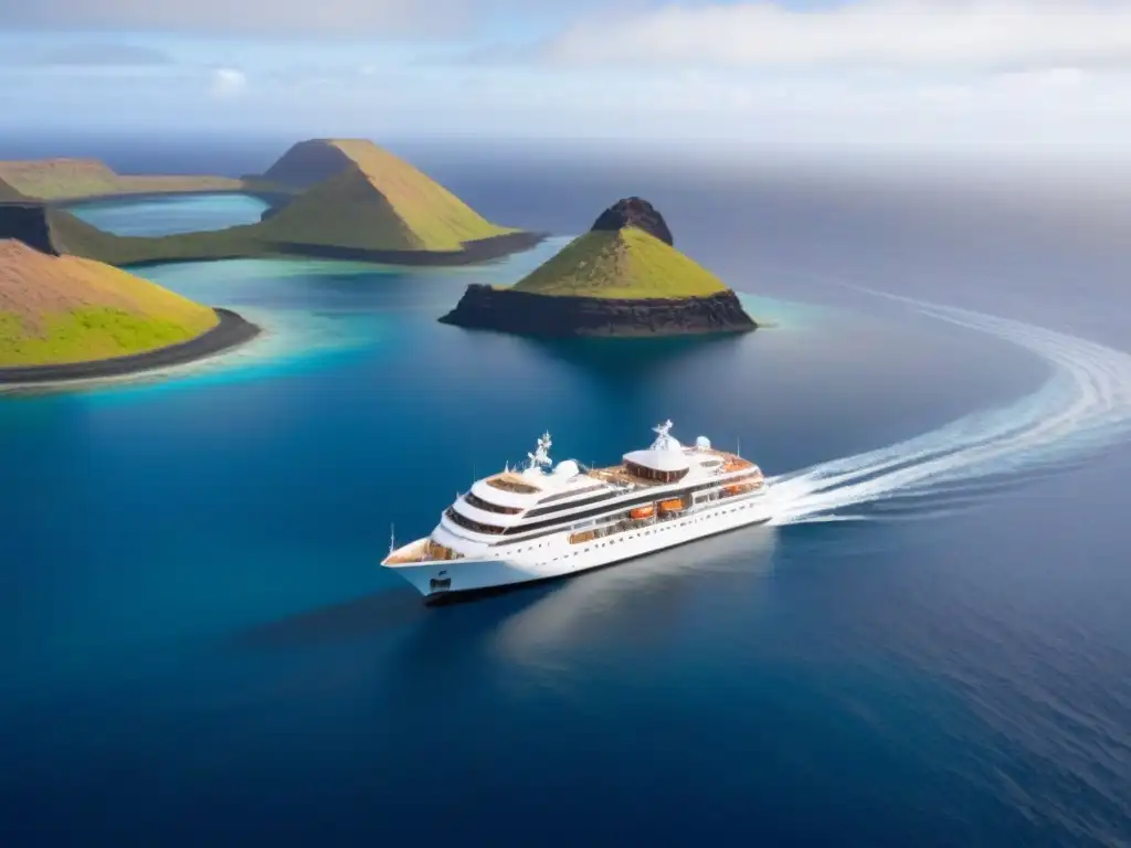 Un crucero de lujo en Galápagos navegando con elegancia en aguas cristalinas, rodeado de la belleza natural de la isla