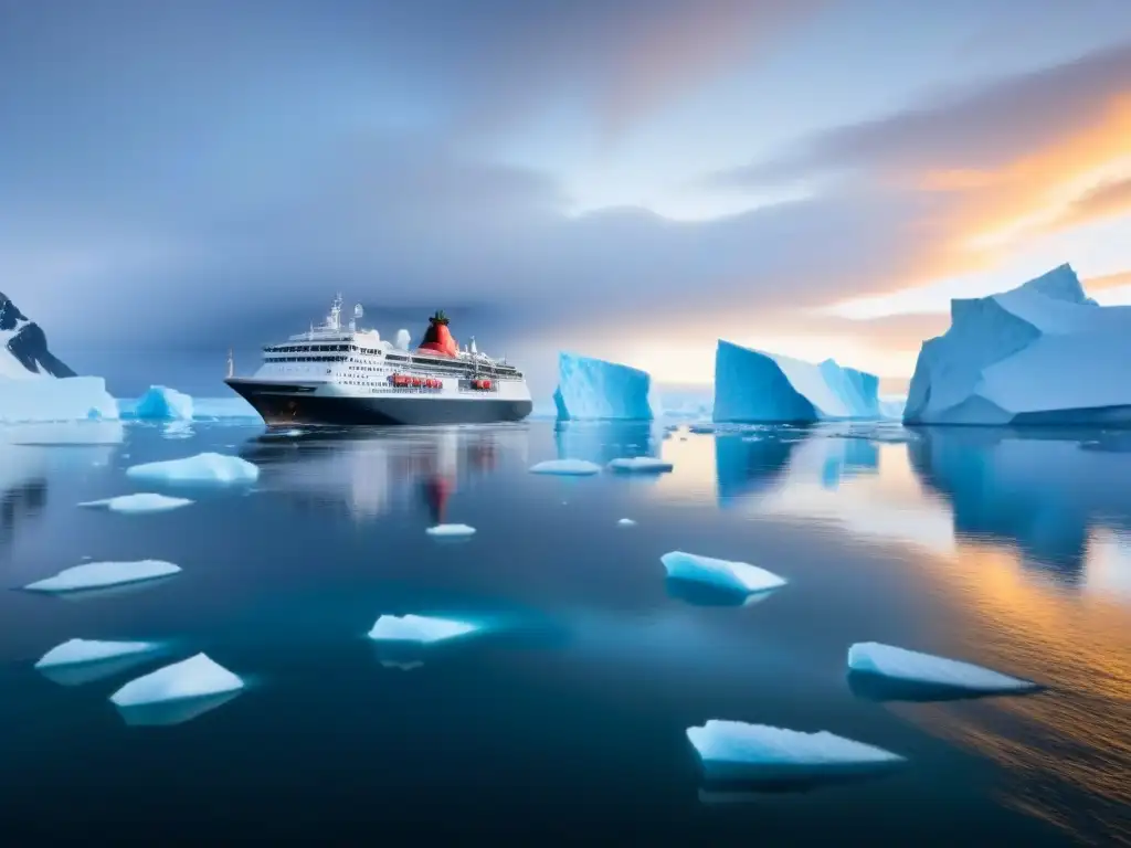 Un crucero de lujo navega elegantemente entre glaciares en una travesía de lujo en Antártida al atardecer