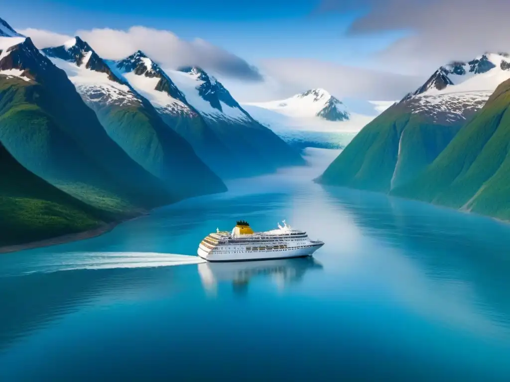 Un crucero de lujo recorriendo las heladas aguas de Alaska, rodeado de imponentes montañas nevadas y brillantes glaciares