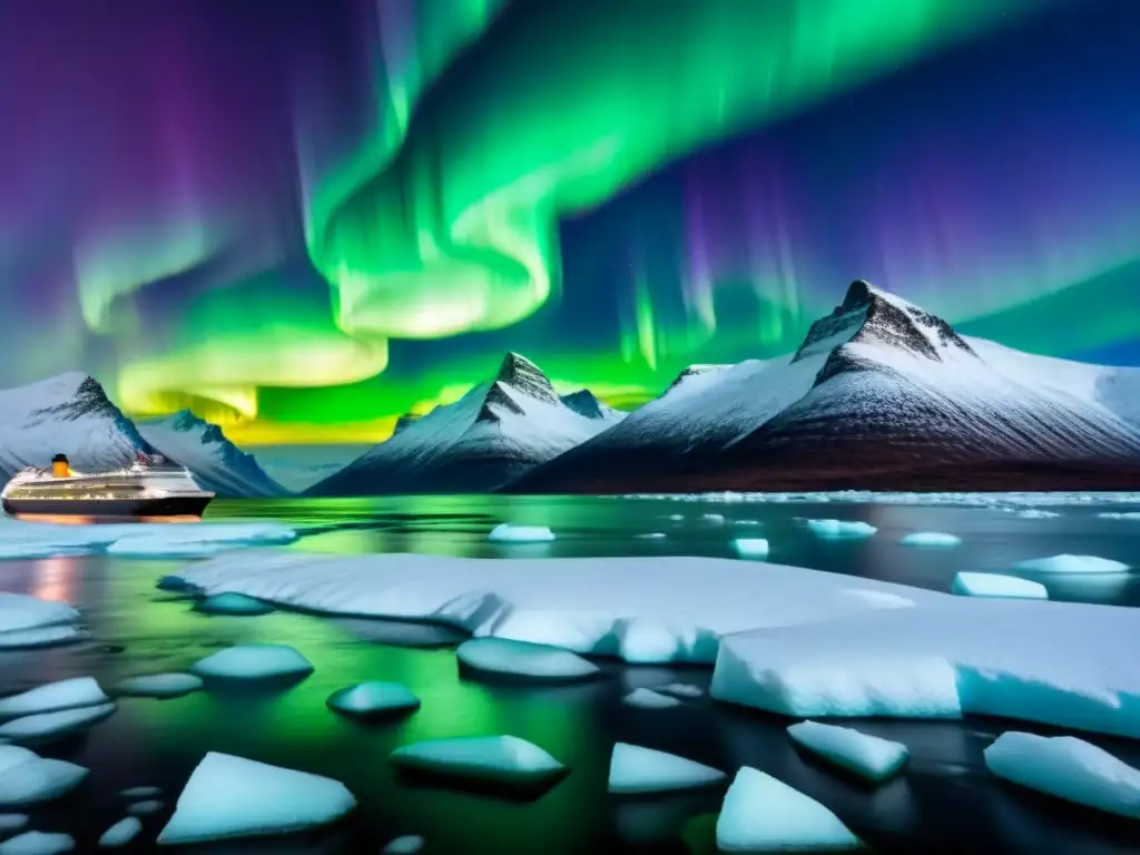 Un crucero de lujo navega entre hielos árticos bajo la Aurora Boreal, reflejando el impacto del cambio climático en rutas cruceros