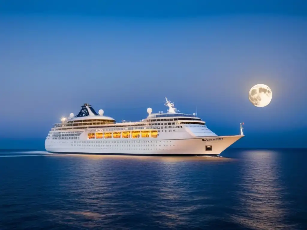 Un crucero de lujo iluminado bajo la luna llena en un mar tranquilo, ideal para ofertas cruceros escapadas románticas