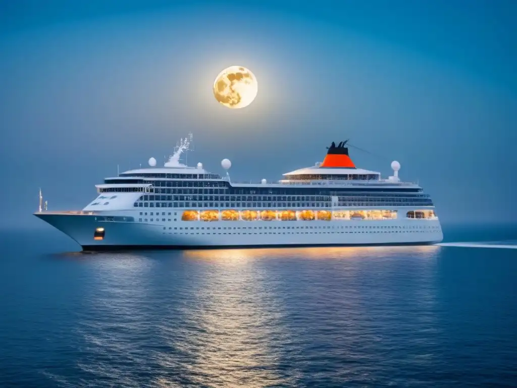 Un crucero de lujo iluminado navega bajo la luna en aguas cristalinas, reflejando amenidades exclusivas cruceros lujo