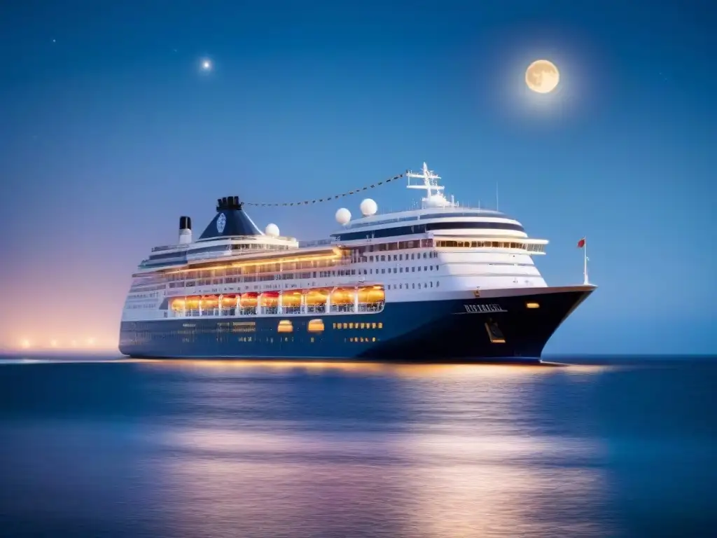 Crucero de lujo iluminado bajo la noche estrellada, con amplias cubiertas y ambiente sereno