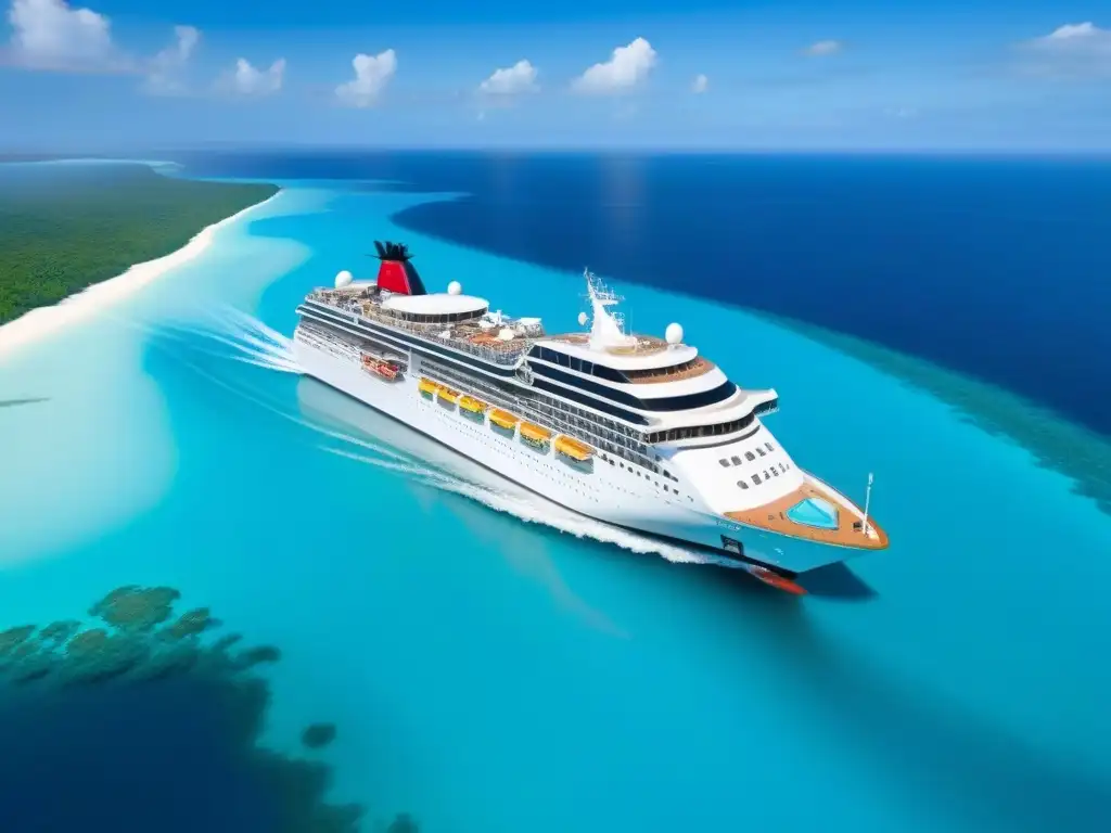 Un crucero de lujo navegando entre islas tropicales paradisíacas al atardecer