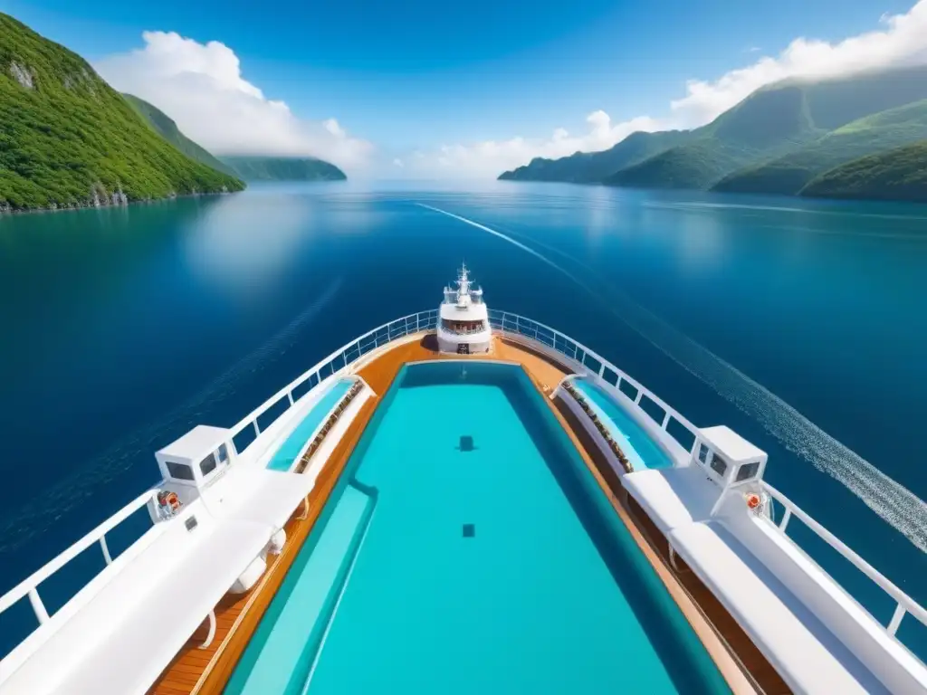 Un crucero de lujo navegando entre islas verdes bajo un cielo azul vibrante